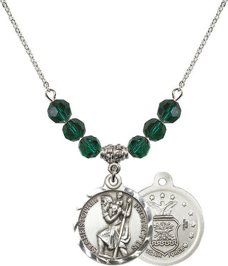 18" Rhodium Plated Necklace with 4mm Emerald Crystal Beads featuring a Sterling Silver Saint Christopher / Air Force Medal.