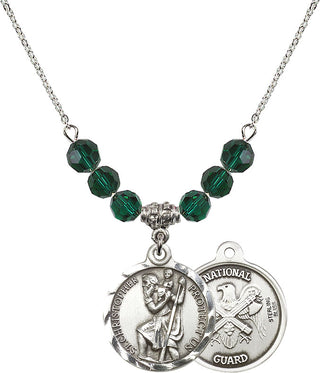 18" Rhodium Plated Necklace with 4mm Emerald Crystal Beads featuring a Sterling Silver Saint Christopher / Nat'l Guard Medal.