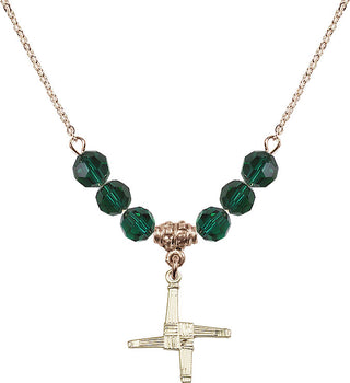 18" Hamilton Gold Plated Necklace with 4mm Emerald Crystal Beads featuring a 14kt Gold Filled Saint Brigid Cross Medal.