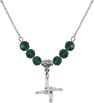18" Rhodium Plated Necklace with 4mm Emerald Crystal Beads featuring a Sterling Silver Saint Brigid Cross Medal.