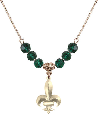 18" Hamilton Gold Plated Necklace with 4mm Emerald Crystal Beads featuring a 14kt Gold Filled Fleur de Lis Medal.