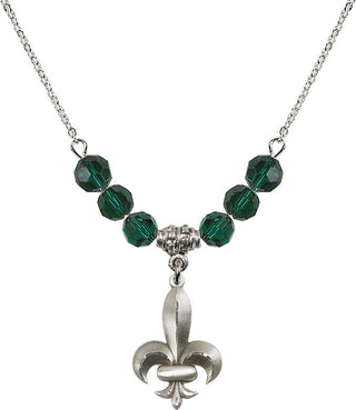 18" Rhodium Plated Necklace with 4mm Emerald Crystal Beads featuring a Sterling Silver Fleur de Lis Medal.