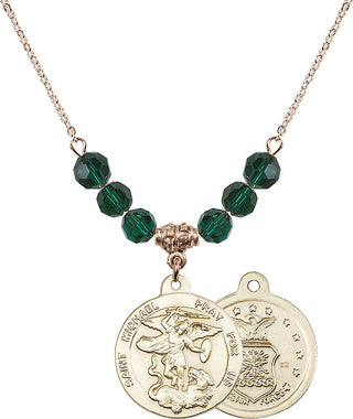 18" Hamilton Gold Plated Necklace with 4mm Emerald Crystal Beads featuring a 14kt Gold Filled Saint Michael / Air Force Medal.