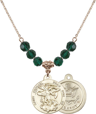 18" Hamilton Gold Plated Necklace with 4mm Emerald Crystal Beads featuring a 14kt Gold Filled Saint Michael / Army Medal.