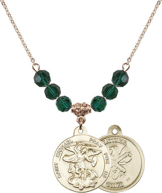 18" Hamilton Gold Plated Necklace with 4mm Emerald Crystal Beads featuring a 14kt Gold Filled Saint Michael / Nat'l Guard Medal.