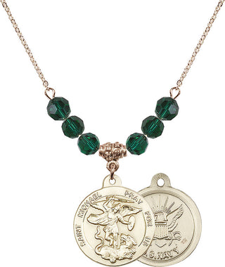 18" Hamilton Gold Plated Necklace with 4mm Emerald Crystal Beads featuring a 14kt Gold Filled Saint Michael / Navy Medal.
