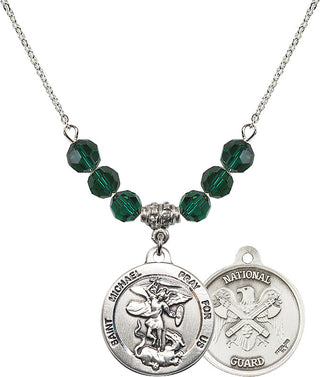 18" Rhodium Plated Necklace with 4mm Emerald Crystal Beads featuring a Sterling Silver Saint Michael / Nat'l Guard Medal.