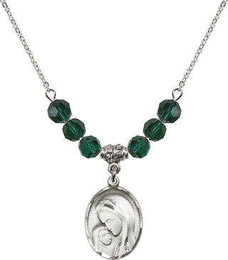 18" Rhodium Plated Necklace with 4mm Emerald Crystal Beads featuring a Sterling Silver Madonna & Child Medal.
