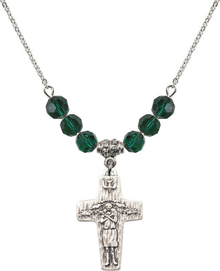 18" Rhodium Plated Necklace with 4mm Emerald Crystal Beads featuring a Sterling Silver Papal Crucifix Medal.