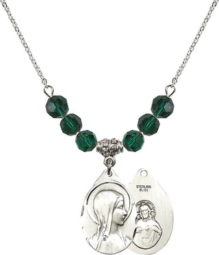 18" Rhodium Plated Necklace with 4mm Emerald Crystal Beads featuring a Sterling Silver Sorrowful Mother Medal.
