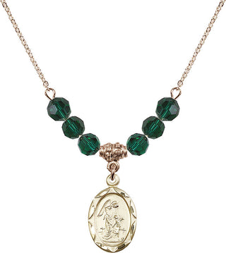 18" Hamilton Gold Plated Necklace with 4mm Emerald Crystal Beads featuring a 14kt Gold Filled Guardian Angel Medal. Engraved Catholic Saint Jewelry
