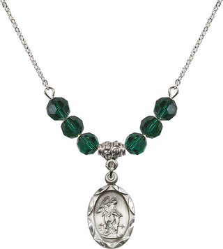 18" Rhodium Plated Necklace with 4mm Emerald Crystal Beads featuring a Sterling Silver Guardian Angel Medal. Engraved Catholic Saint Jewelry
