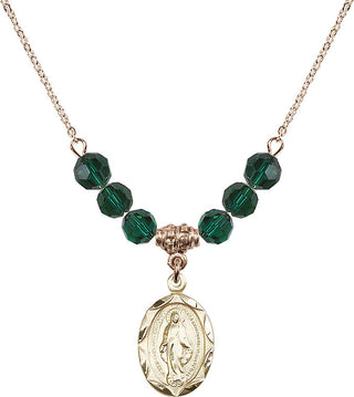 18" Hamilton Gold Plated Necklace with 4mm Emerald Crystal Beads featuring a 14kt Gold Filled Miraculous Medal.