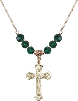 18" Hamilton Gold Plated Necklace with 4mm Emerald Crystal Beads featuring a 14kt Gold Filled Crucifix Medal.