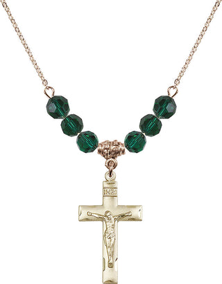 18" Hamilton Gold Plated Necklace with 4mm Emerald Crystal Beads featuring a 14kt Gold Filled Crucifix Medal.