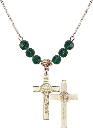 18" Hamilton Gold Plated Necklace with 4mm Emerald Crystal Beads featuring a 14kt Gold Filled Saint Benedict Crucifix Medal.