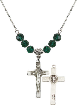 18" Rhodium Plated Necklace with 4mm Emerald Crystal Beads featuring a Sterling Silver Saint Benedict Crucifix Medal.