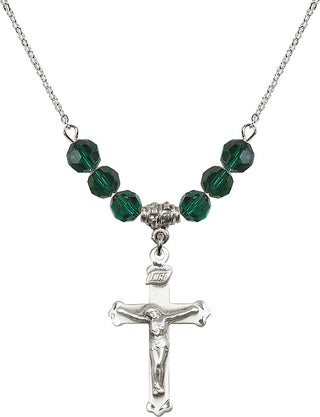 18" Rhodium Plated Necklace with 4mm Emerald Crystal Beads featuring a Sterling Silver Crucifix Medal.