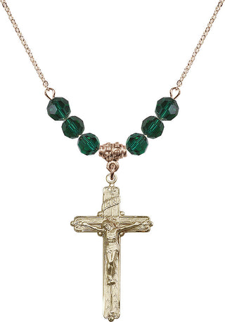 18" Hamilton Gold Plated Necklace with 4mm Emerald Crystal Beads featuring a 14kt Gold Filled Crucifix Medal.