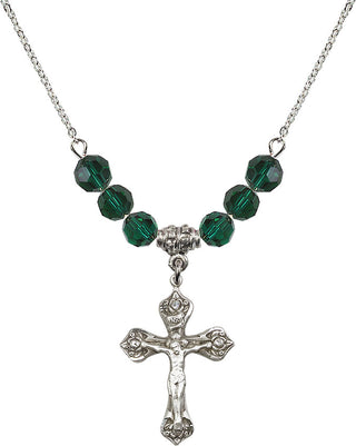 18" Rhodium Plated Necklace with 4mm Emerald Crystal Beads featuring a Sterling Silver Crucifix Medal.