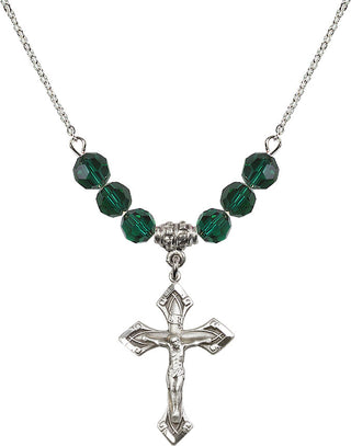 18" Rhodium Plated Necklace with 4mm Emerald Crystal Beads featuring a Sterling Silver Crucifix Medal.