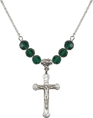18" Rhodium Plated Necklace with 4mm Emerald Crystal Beads featuring a Sterling Silver Crucifix Medal.