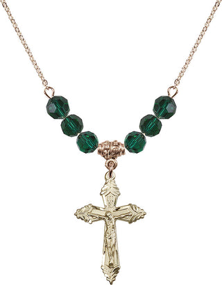 18" Hamilton Gold Plated Necklace with 4mm Emerald Crystal Beads featuring a 14kt Gold Filled Crucifix Medal.