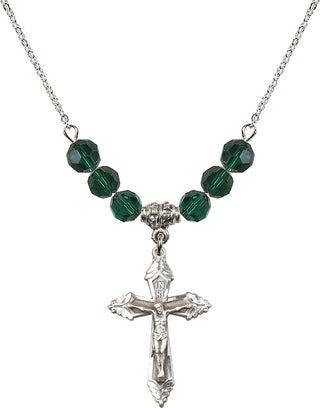 18" Rhodium Plated Necklace with 4mm Emerald Crystal Beads featuring a Sterling Silver Crucifix Medal.