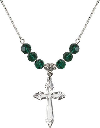 18" Rhodium Plated Necklace with 4mm Emerald Crystal Beads featuring a Sterling Silver Cross Medal.
