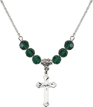 18" Rhodium Plated Necklace with 4mm Emerald Crystal Beads featuring a Sterling Silver Cross Medal.