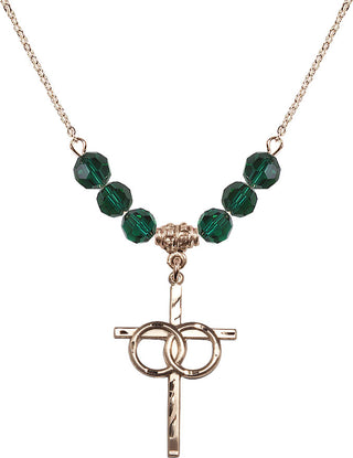 18" Hamilton Gold Plated Necklace with 4mm Emerald Crystal Beads featuring a 14kt Gold Filled Wedding Rings Cross Medal.