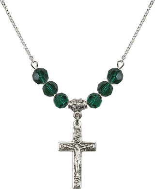 18" Rhodium Plated Necklace with 4mm Emerald Crystal Beads featuring a Sterling Silver Crucifix Medal.