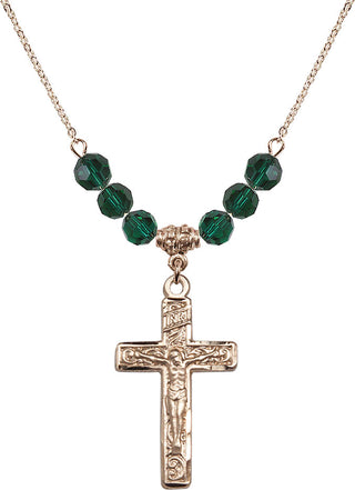 18" Hamilton Gold Plated Necklace with 4mm Emerald Crystal Beads featuring a 14kt Gold Filled Crucifix Medal.