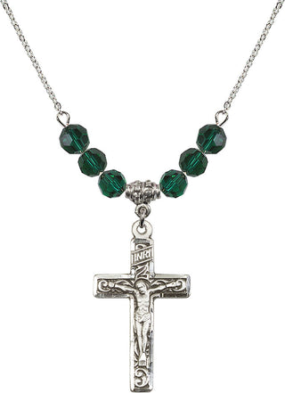 18" Rhodium Plated Necklace with 4mm Emerald Crystal Beads featuring a Sterling Silver Crucifix Medal.