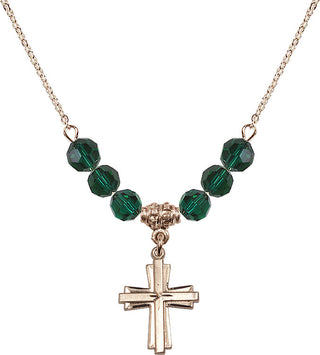 18" Hamilton Gold Plated Necklace with 4mm Emerald Crystal Beads featuring a 14kt Gold Filled Cross Medal.