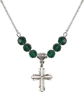 18" Rhodium Plated Necklace with 4mm Emerald Crystal Beads featuring a Sterling Silver Cross Medal.