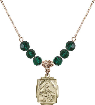 18" Hamilton Gold Plated Necklace with 4mm Emerald Crystal Beads featuring a 14kt Gold Filled Saint Ann Medal. Engraved Catholic Saint Jewelry