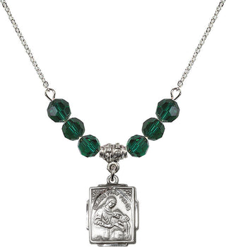 18" Rhodium Plated Necklace with 4mm Emerald Crystal Beads featuring a Sterling Silver Saint Ann Medal. Engraved Catholic Saint Jewelry
