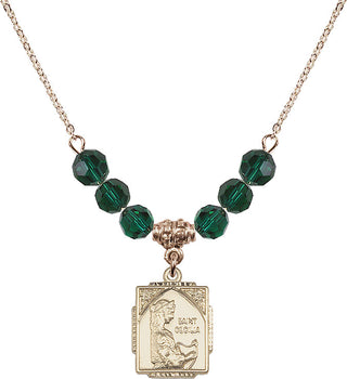 18" Hamilton Gold Plated Necklace with 4mm Emerald Crystal Beads featuring a 14kt Gold Filled Saint Cecilia Medal. Engraved Catholic Saint Jewelry