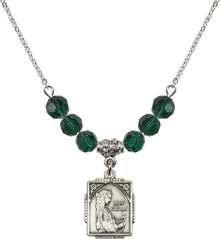18" Rhodium Plated Necklace with 4mm Emerald Crystal Beads featuring a Sterling Silver Saint Cecilia Medal. Engraved Catholic Saint Jewelry