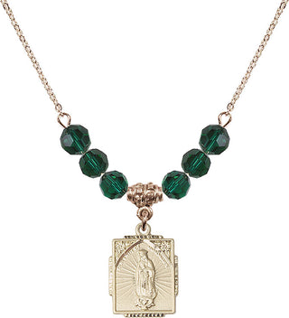 18" Hamilton Gold Plated Necklace with 4mm Emerald Crystal Beads featuring a 14kt Gold Filled Our Lady of Guadalupe Medal. Engraved Catholic Saint Jewelry