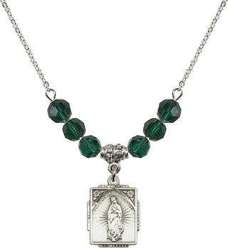 18" Rhodium Plated Necklace with 4mm Emerald Crystal Beads featuring a Sterling Silver Our Lady of Guadalupe Medal. Engraved Catholic Saint Jewelry