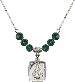 18" Rhodium Plated Necklace with 4mm Emerald Crystal Beads featuring a Sterling Silver Infant of Prague Medal. Engraved Catholic Saint Jewelry