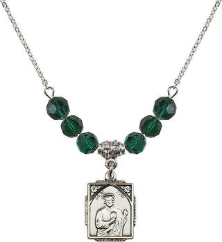 18" Rhodium Plated Necklace with 4mm Emerald Crystal Beads featuring a Sterling Silver Saint Jude Medal. Engraved Catholic Saint Jewelry