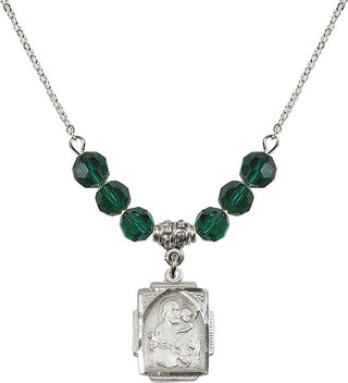 18" Rhodium Plated Necklace with 4mm Emerald Crystal Beads featuring a Sterling Silver Saint Joseph Medal. Engraved Catholic Saint Jewelry