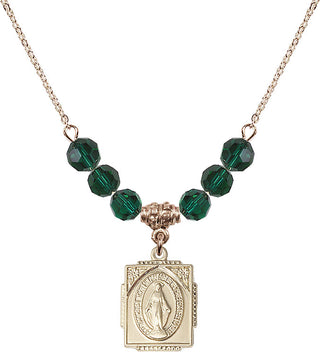 18" Hamilton Gold Plated Necklace with 4mm Emerald Crystal Beads featuring a 14kt Gold Filled Miraculous Medal. Engraved Catholic Saint Jewelry