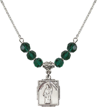 18" Rhodium Plated Necklace with 4mm Emerald Crystal Beads featuring a Sterling Silver Saint Patrick Medal. Engraved Catholic Saint Jewelry