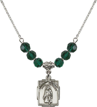 18" Rhodium Plated Necklace with 4mm Emerald Crystal Beads featuring a Sterling Silver Saint Peregrine Medal. Engraved Catholic Saint Jewelry