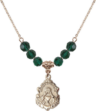 18" Hamilton Gold Plated Necklace with 4mm Emerald Crystal Beads featuring a 14kt Gold Filled Mother of a Priest Medal. Engraved Catholic Saint Jewelry