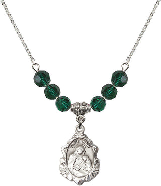 18" Rhodium Plated Necklace with 4mm Emerald Crystal Beads featuring a Sterling Silver Saint Ann Medal. Engraved Catholic Saint Jewelry